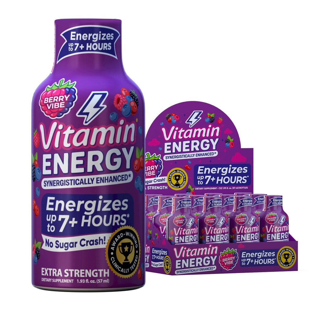 Vitamín Energy B12 11,000% Extra sila Energia Shot Rink Berry 12 Balenie, 260mg Prírodný kofeín, B12 & B6, Noottropic Focus, Vitality, Zero Sugar, Gluten-free, Vegan, Kosher, 1,93 fl oz