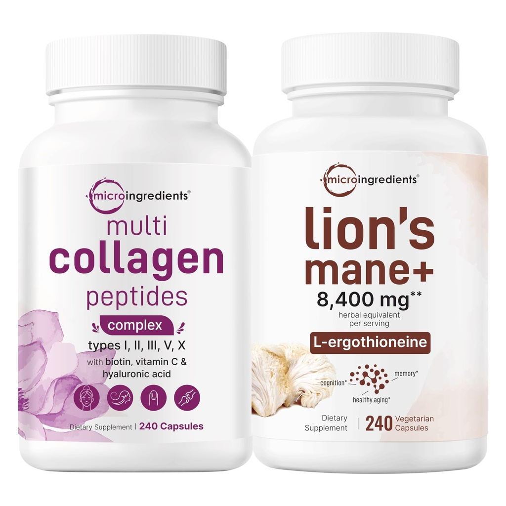 Micro Ingrediencie Multikolagen Complex pre ženy a Lions Mane Supplement 240 Veggie Kapsule Bundle 2 Pack 