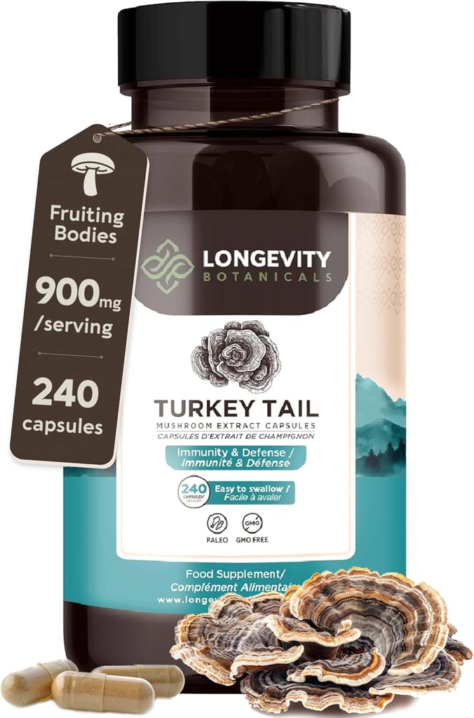 Organické Turecko chvostové huby Kapsule Supplement (240) 