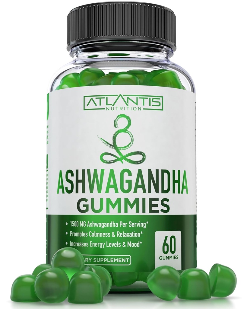 Atlantis Nutrition Ashwagandha Gummies - 1500 MG per serving - podporuje pokoj, zlepšuje náladu, zvyšuje úrovne energie a posilňuje imunitný systém - formulovaný s vitamínom D a zinok - Vegan 60 Počet