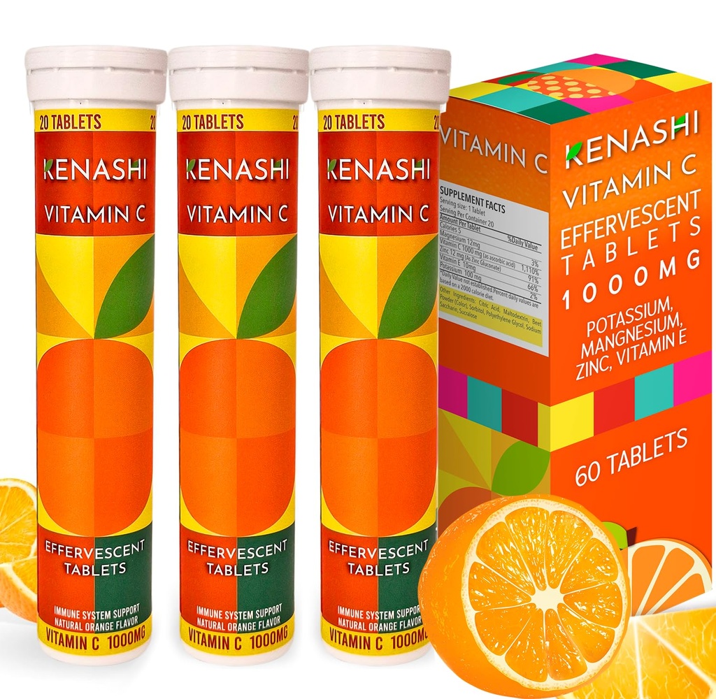 Vitamín C Šumivé tablety 1000 mg s horčíkom Zinok Vitamín E a draslík Vitamín Cfervescente 60 Tabuľky 3 Balenie Vitamín C