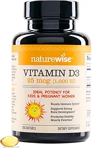 NatureWise Vitamín D3 1000iu (25 μg) 200-Deň dodávky pre imunitnú podporu, zdravé svalovej funkcie, a zdravie kostí - non-GMO, Gluten bez organického extra panenský olivový olej, (Mini Softgel), 200 Počet