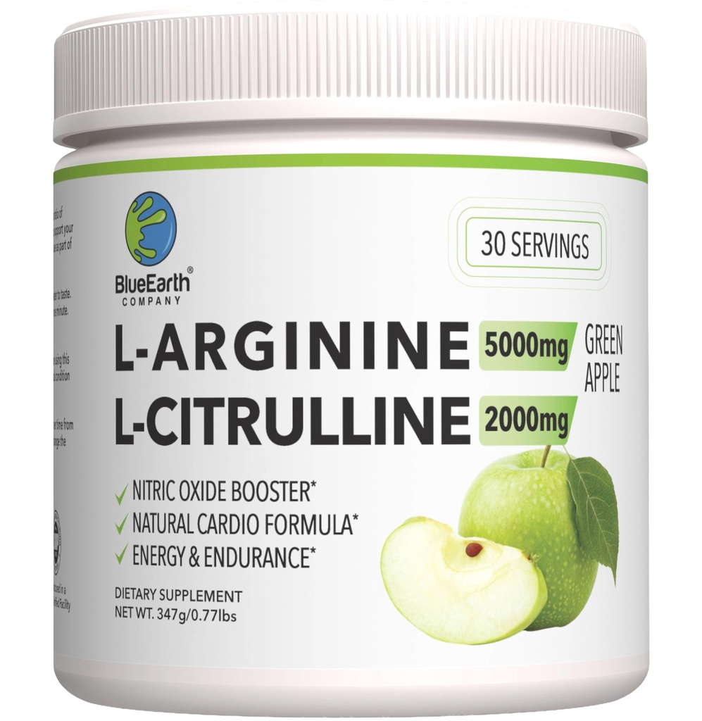 L-arginín 5000 mg + L- citrulín 2000 mg komplexný prášok doplnok nápoj Mix - Posilňovač oxidu dusnatého pre zdravie srdca, prietok krvi a energiu - 30 porcií (zelené jablko)