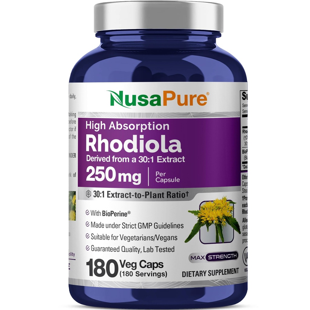 NusaPure Rhodiola Rosea 7 500mg 180 Veggie Kapsule (non-GMO, Extract 30:1, Vegan & Gluten-Free) Bioperín