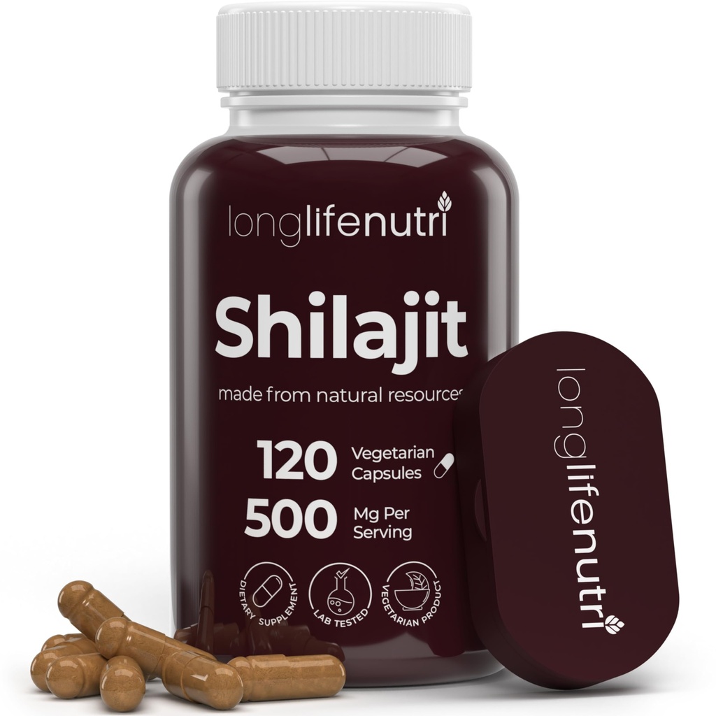 Shilajit Pure Himalayan Extract 500mg s 15% Fulvic Acid 500mg - 120 Vegetariánske Kapsule, 4 Mesiac dodávky, Organic Supplement for Vitality & Mental Clarity, Made in USA, Gluten Free, Non-GMO