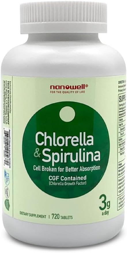 NANOWELL Chlórella & Spirulina 720 Tablety - Chlórella, Spirulina, Antioxidanty, Vitamíny, Bohaté na bielkoviny, Zlomená bunková stena (720 Počet)