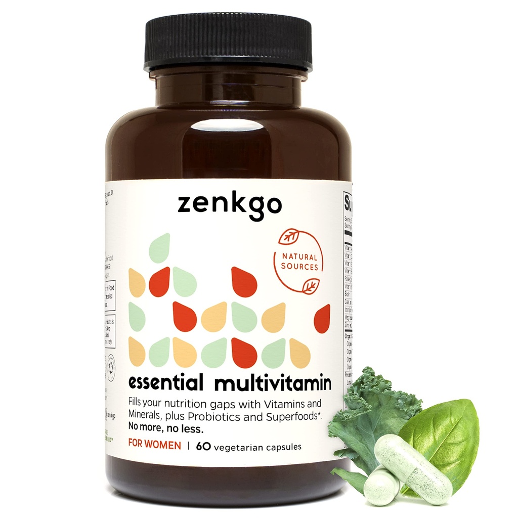 Zenkgo vitamíny žien + probiotiká 25B CFU + organické celé potraviny, podporuje odolnosť, trávenie, energiu, denné vitamíny A, E, B6, B12, Vegan D3, K2 (MK-7), folát, minerály, superpotraviny (60Ct/30Day)