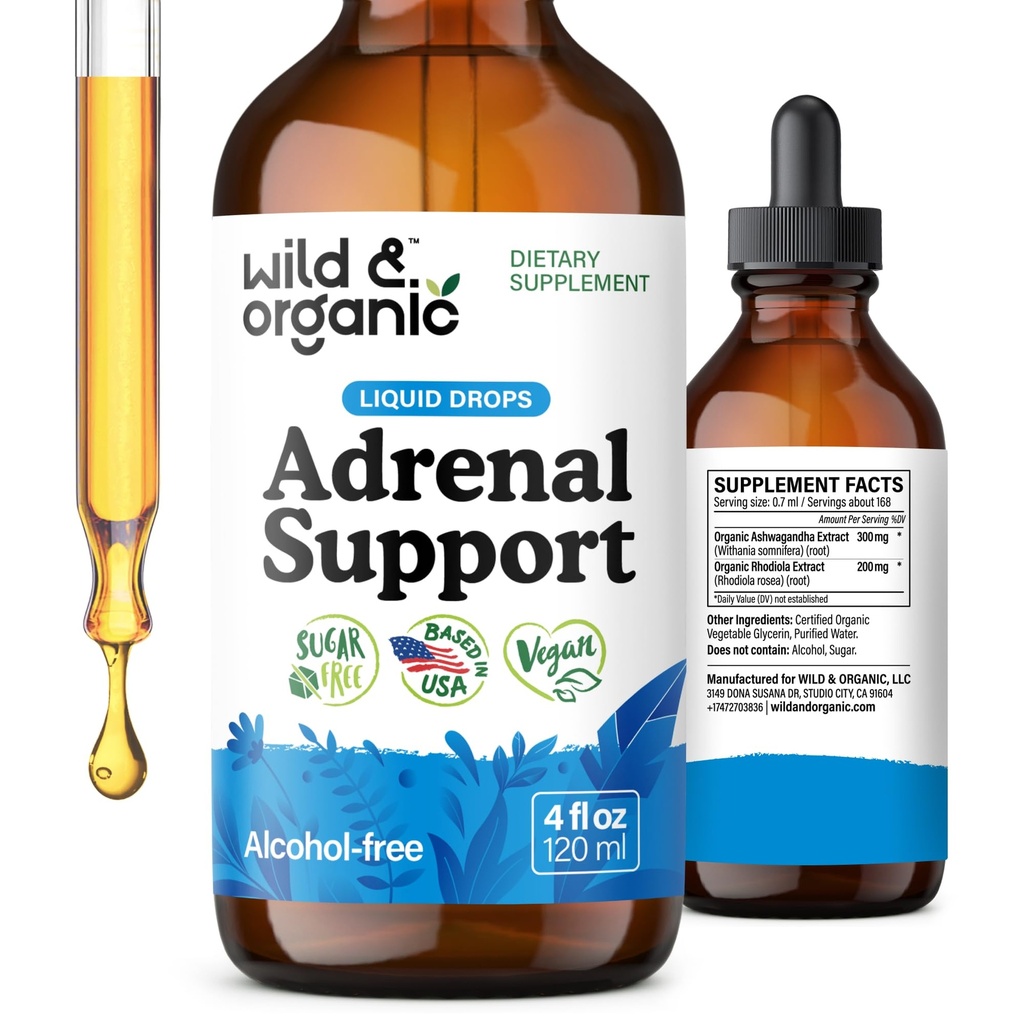 Wild & Organic Adrenal Support Drops for Positive Outlook - Natural Adrenal Suplements for Women and Men - Vegan, No Sugar & Alcohol - 2-Month Supply - 4 fl oz