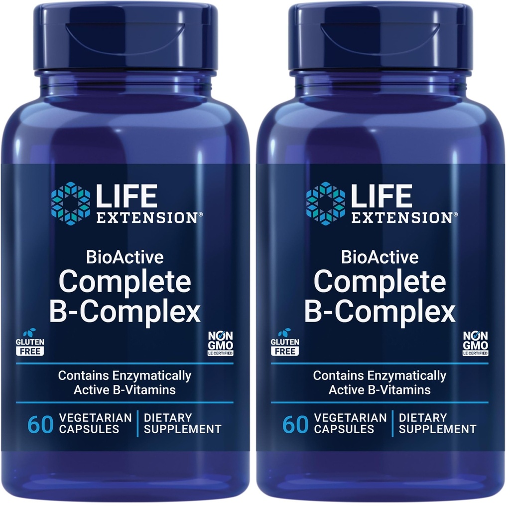 Life Extension Bioactive Complete B-Complex, Heart, Brain and Nerve Support, Healthy Energy, Metabolizmus, Complete B Complex, 60 Vegetariánskych kapsúl (Pack of 2)