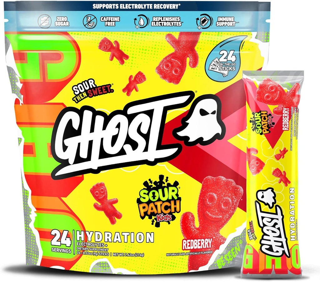 GHOST Hydratačné balíčky, Kyslé Patch Deti Redberry, 24 Sticks, Electrolyte prášok - nápoj Mix doplnok s horčíkom, draslík, vápnik, vitamín C - Vegan, bez sóje, cukru a lepidla