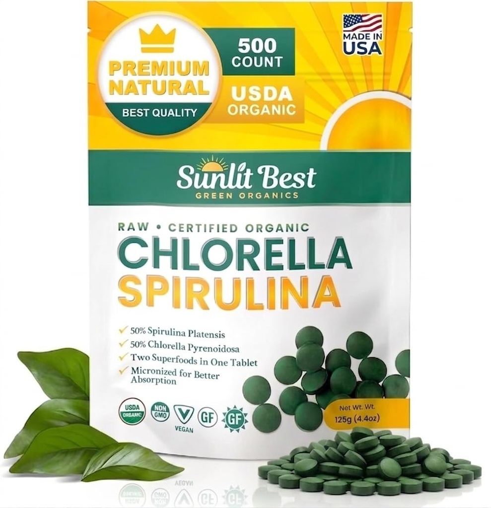 Sunlit Best Chlórella Spirulina Tablety - Organic USDA, Premium Spirulinas a Chlórella Kapsule 500 Pills - Chlorellas Natural Superfood with Spirulina Algae, Enzymes Chlorofyl & Vegan Protein