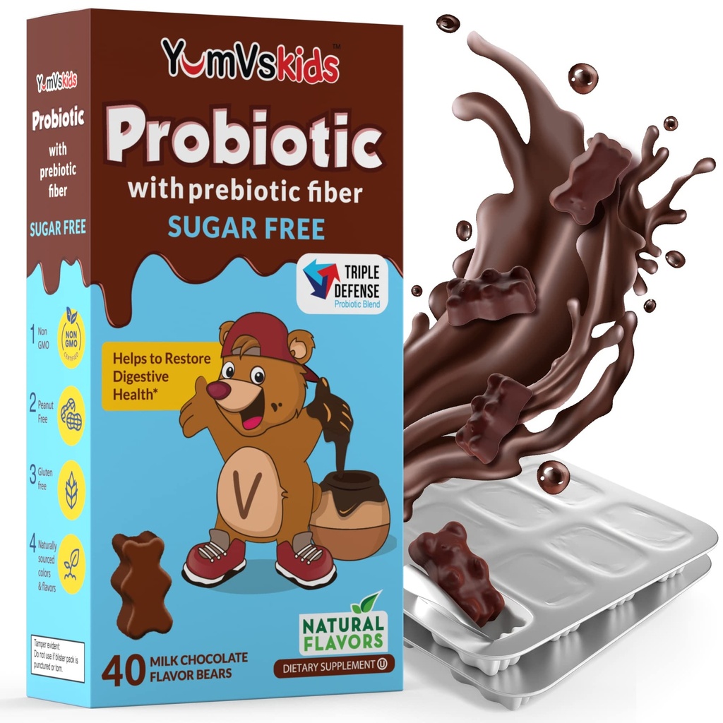 YumVs probiotiká pre deti s prebiotikou Fiber Cukor bez čokolády žuvacie doplnky - Dietary Supplement Chewables for Digestive Health - Batoľatá, Deti a dospievajúci 60 Počet