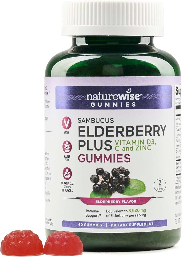 NatureWise Sambucus Elderberry Gummies - Immune Suplement for Kids Ages 4+ & Adults with Vitamin C, D3, Zinok - Elderberries Equivalent to 3520mg - Vegan, Non-GMO - 60 Count[30-Day Supply]