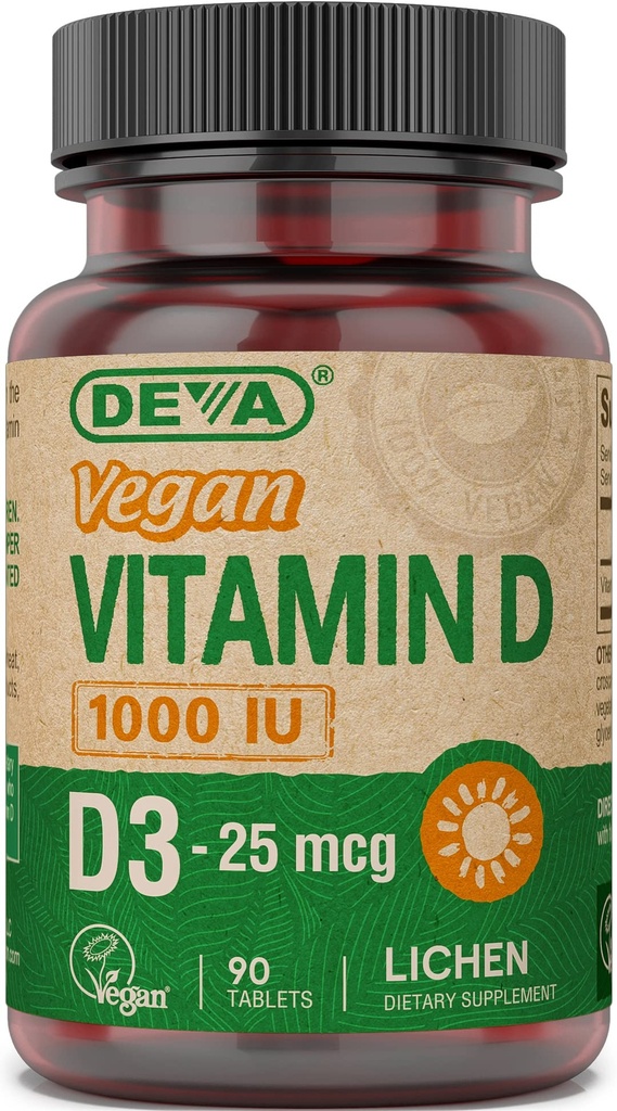 Deva Vegán vitamín D3 doplnok - raz denne tableta s 1000 IU - cholekalciferol - Lichen Plant Odvodené - 90 malých tabliet