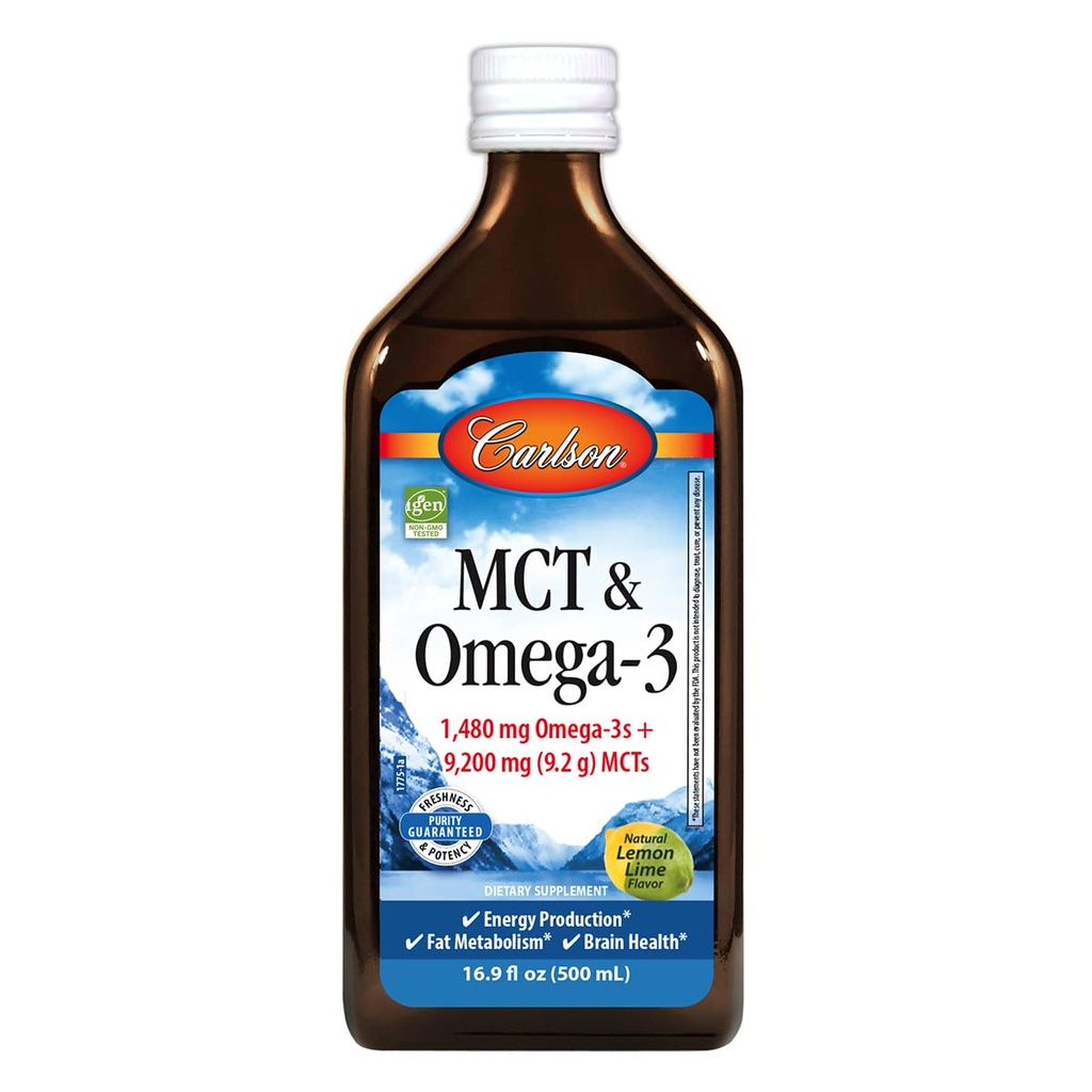 Carlson - MCT & Omega-3, 1480 mg Omega-3s, 9200 mg MCTs, Keto-Friendly, kaprylové a kapricové kyseliny, výroba energie, metabolizmus tukov, citrónový lime, 500 ml (16,9 Fl Oz)