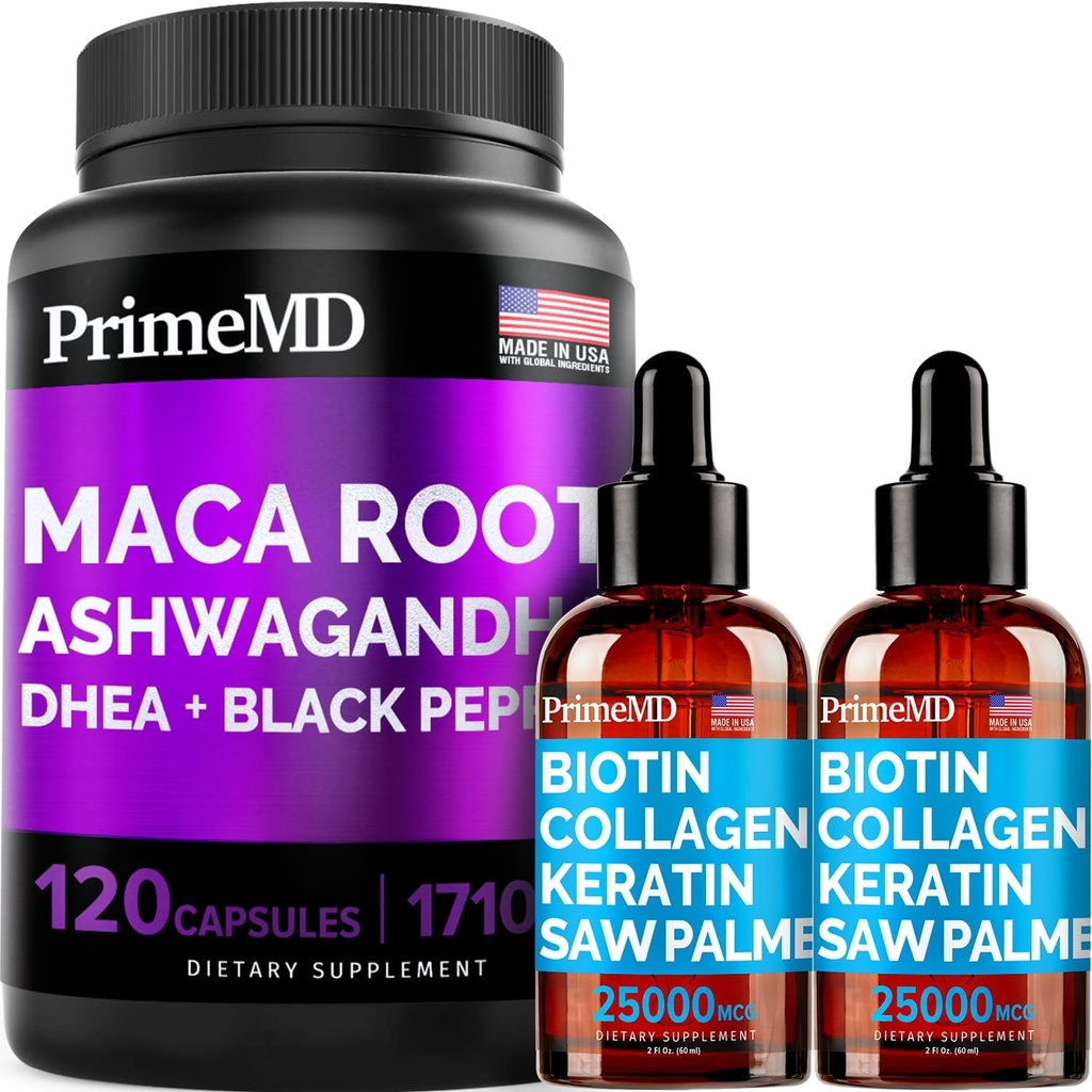 4-in-1 Liquid Biotin Collagen Keratin Saw Palmetto kvapky (2 fl oz - 2 balenia) & 6-in-1 Maca Root Ashwagandha w Black Pepper Fruit (120ct) Bundle - vlasy, koža, nechty, Energia a Mood Suplement