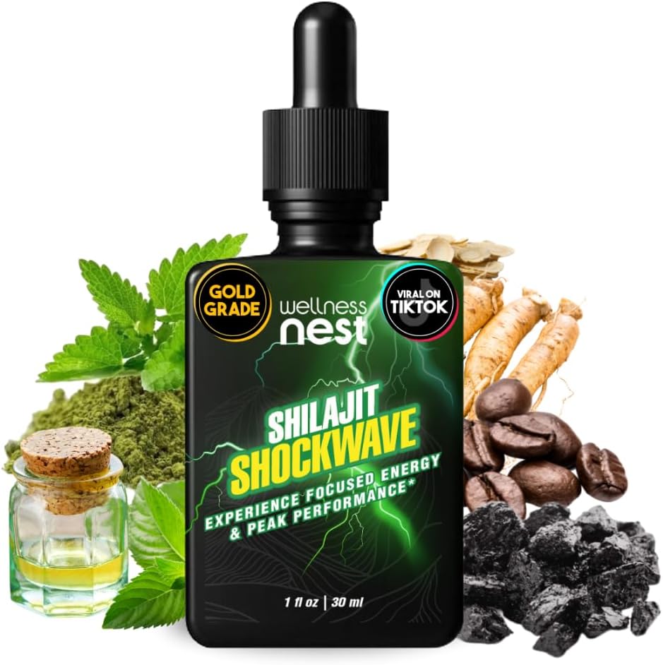 Wellness Nest Shilajit Shockwave Drops: Energetické kvapky, Focus Drops - Pure Himalayan Shilajit s prírodnou Tulsi, Panax Ginseng, Peppermint, Japanmint Dobite Váš deň - 30 Služieb