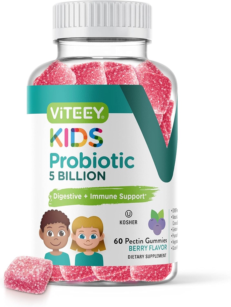 Viteey Probiotické Gummy pre deti - 5 miliárd CFU - Probiotiká Detské zápcha Relief, Prírodné imunitné a trávne zdravie Podpora - Vegetarián, Želatína zadarmo, GMO zadarmo - Chutný Berry Ochutené Gummy