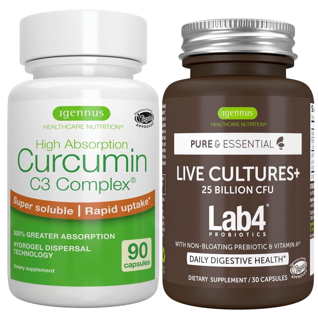 Živé kultúry+ Lab4 Probiotiká + vysoká absorpcia Curcumin C3 Complex Vegan Bundle, 25 miliárd CFU Probiotiká, Nekrvácajúce Prebiotiká + 300% Väčšia absorpcia Curcuminoidy s rýchlym vychytávaním, Igennus