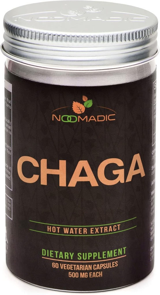Noomadic Chaga Mushroom, 60 Kapsule, 500mg Každá, Antioxidant a imunitná podpora, extrakt z horúcej vody, ovocné telá, 30% Beta-D-glukány