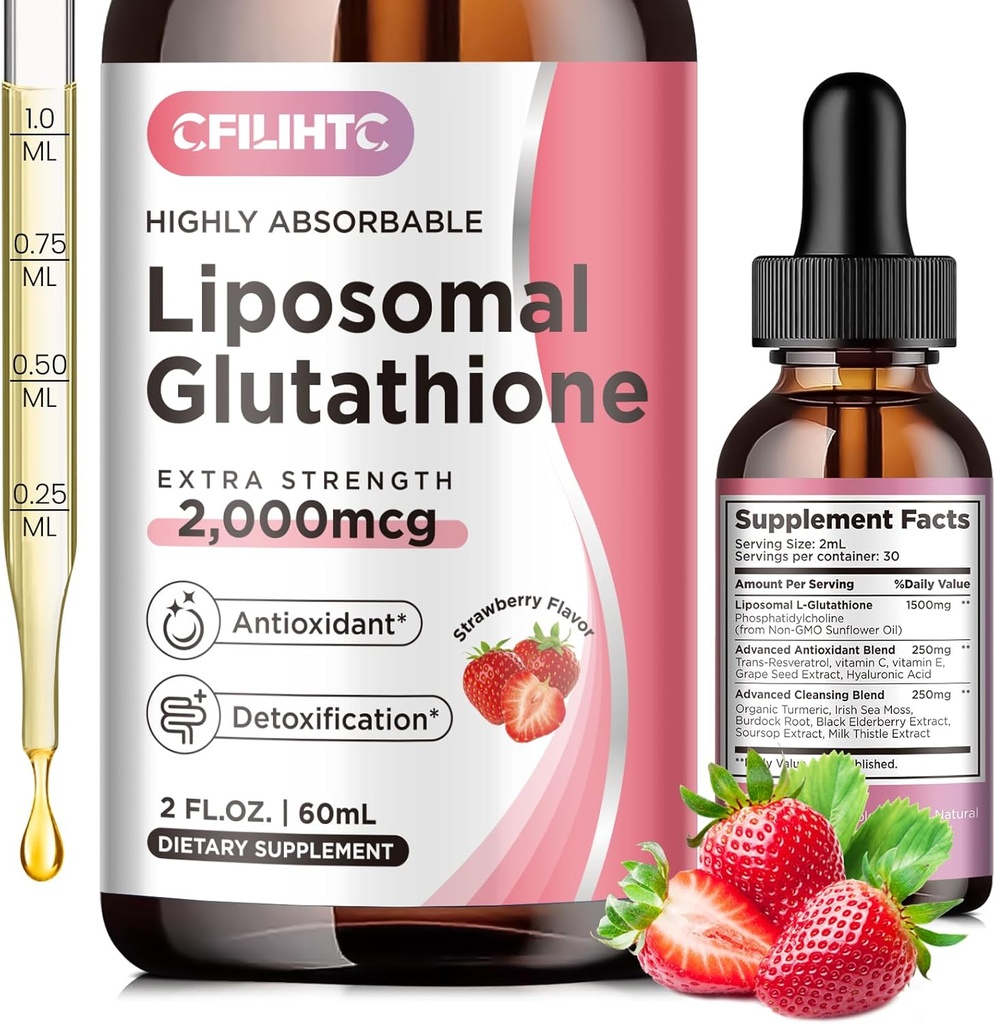 Lipozomálne Glutatión Tekuté kvapky, Glutatión Liquid Supplement, Active Form L- Glutatión, s vitamínom C, Pečeň Detox, Antioxidant pre anti-Aging, Immune & Cleaning, Jahodová príchuť, 2 FL.OZ