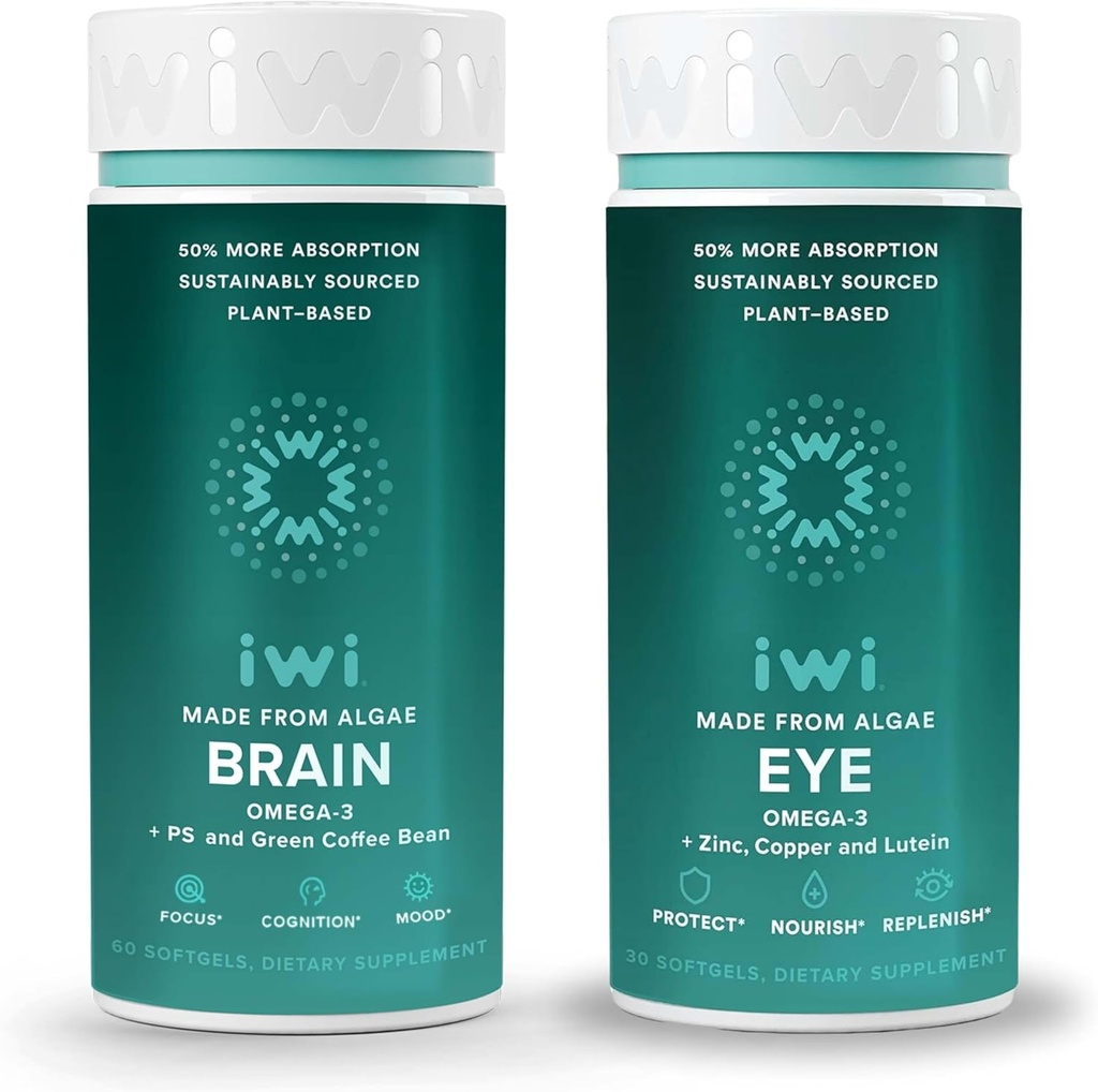 Iwi Life Brain & Eye Omega-3 Bundle, 30 Servings, Vegan Plant-Based Algae Omega 3 s EPA + DHA, Krill & Fish Oil Alternative, žiadna rybia pachuť