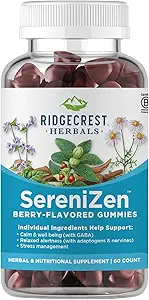 RidgeCrest Herbals SereniZen Gummies s Ashwagandha, GABA, L-Theanine, harmanček a lemon Balm, podporuje relaxáciu a pokoj, stres manažmentu, spánok. Denné zdravotné doplnky, 60 Ct, 1-2 Mesiac dodávky