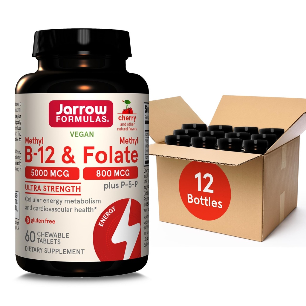Jarrow Formula Ultra Strength Metyl B-12 5000 mcg & Methyl Folate 800 mcg + P-5-P, Supplement for Cellular Energy Metabolizmus a Kardiovaskulárna podpora, 60 Žuvacie tablety, 60 dní, 12 balení
