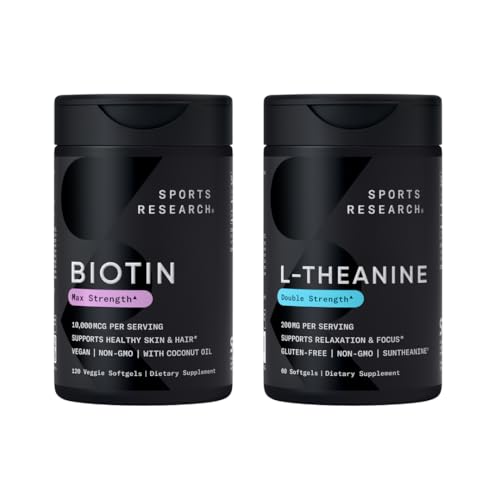 Športový výskum Vegan Biotin 10 000 mcg s kokosovým olejom Max Sila Vitamín B7 120 Softgels (4 mesiace dodávky) a Double Strength L-Theanine Supplement for Focus, Relaxation & Alertness 200mg 60 Count
