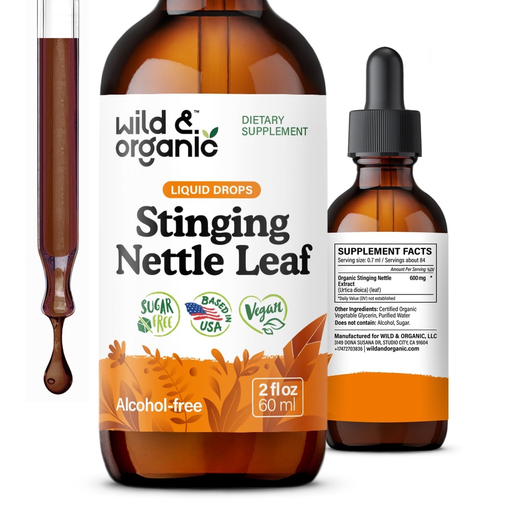 Wild & Organic Stinging Nettle Leaf Extract Drops - Urinary Tract Support - Liquid Stinging Nettle Supplement - Urtica Dioica Tinture - 2-Month Supply - Vegan, Cukor & Alkohol-free - 2 fl oz