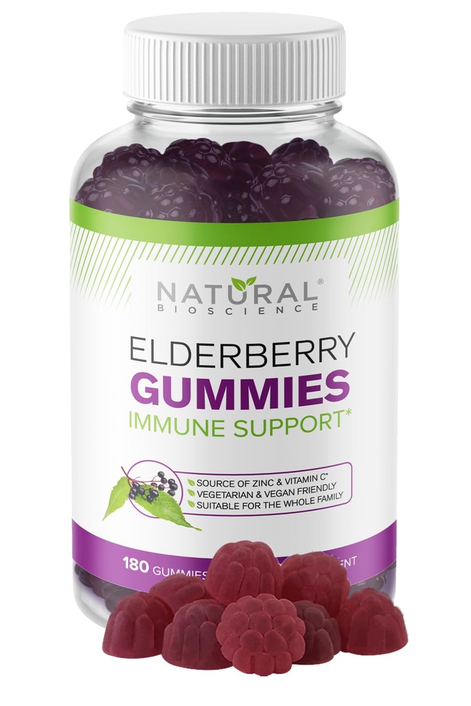 Prírodné bioScience Sambucus bazové Gummy s vitamínom C a zinkom, Imunitná podpora pre dospelých a deti, Denné Antioxidant & Wellness Boost, 180 Vegan, Gluten-free, Žuvacie bazové Gummy