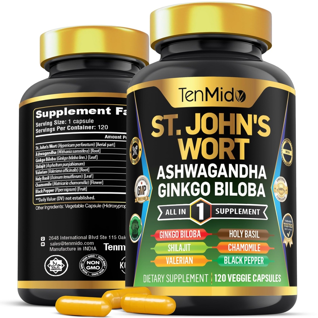 St.John's World Supplement - 8in1 Formula - Kombinovať s Ashwagandha, Ginkgo Biloba, Shilajit, Valerian, Holy Basil, Kamilka, a Black Pepper - 120 Vegan Kapsule na 4 mesiace Dodávka