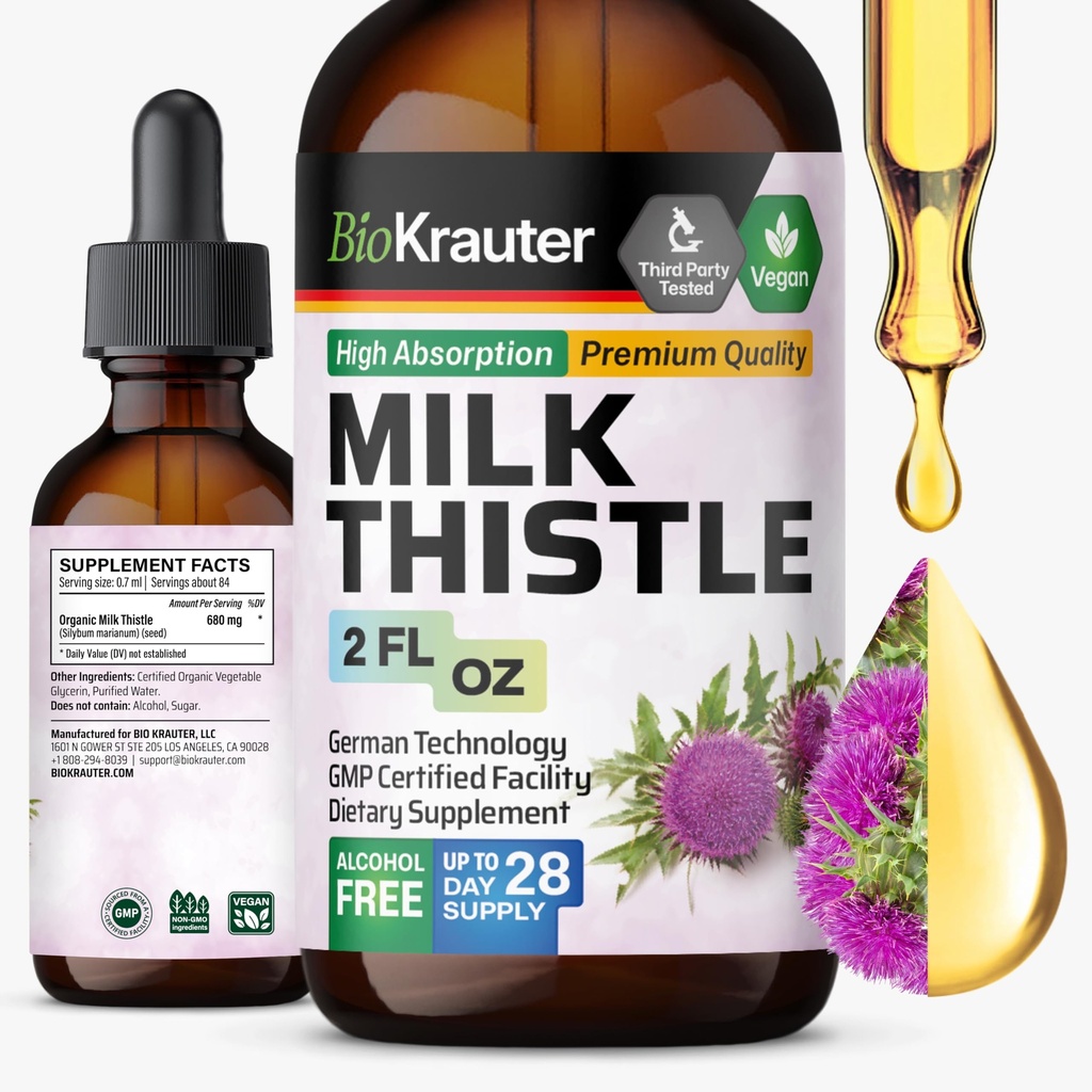 BIO KRAUTER Milk Thitle Liquid Drops - Milk Thitle Silymarin Pečeň podpora doplnok - Alkohol a cukor bez tinktúry pre pečeň čistiť Detox - 2 Fl. Oz.
