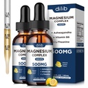 (2 balenia) Magnézium Glycinát, Citrát, Malátne kvapalné kvapky Triple Magnézium Complex Doplnok 500 mg s Ashwagandha, L-teanín, Vitamín B6-Podpora Pokoj, Zmiernenie stresu, Spánok, Svalová citrónová príchuť