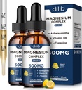 (2 balenia) Magnézium Glycinát, Citrát, Malátne kvapalné kvapky Triple Magnézium Complex Doplnok 500 mg s Ashwagandha, L-teanín, Vitamín B6-Podpora Pokoj, Zmiernenie stresu, Spánok, Svalová citrónová príchuť
