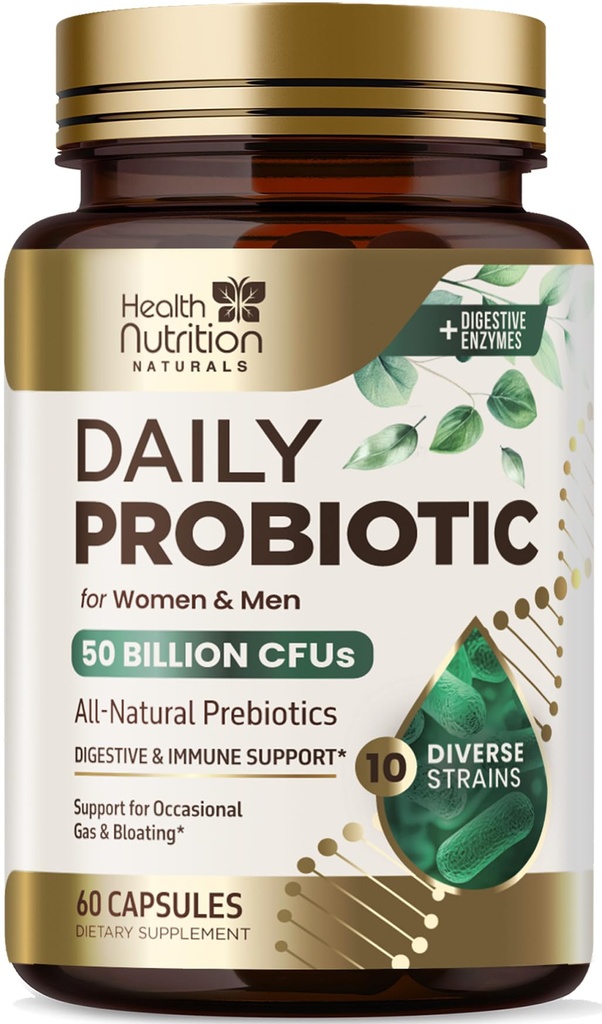 Probiotiká 60 miliárd CFU + 10 kmeňov - Daily Probiotic Lactobacillus Blend for Immune, Digestive & Gut Health Support, Prebiotics and Probiotics, Gas & Bloating for Women & Muži - 60 Kapsule