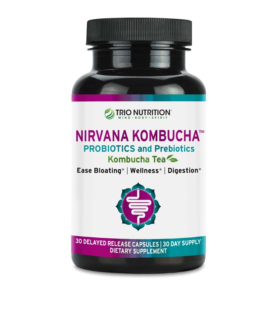 TRIO NUTRITION Nirvana Kombucha - Multi-kmeňové probiotiká a prebiotická zmes s organickým čajom - Oneskorené-release kapsule pre Digestívne a imunitné zdravie - úľava od kvapiek - prírodná rovnováha pH