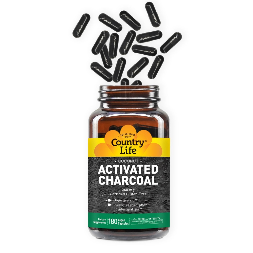 Country Life Activated Organic Coconut Charcoal Kapsule, 260mg 