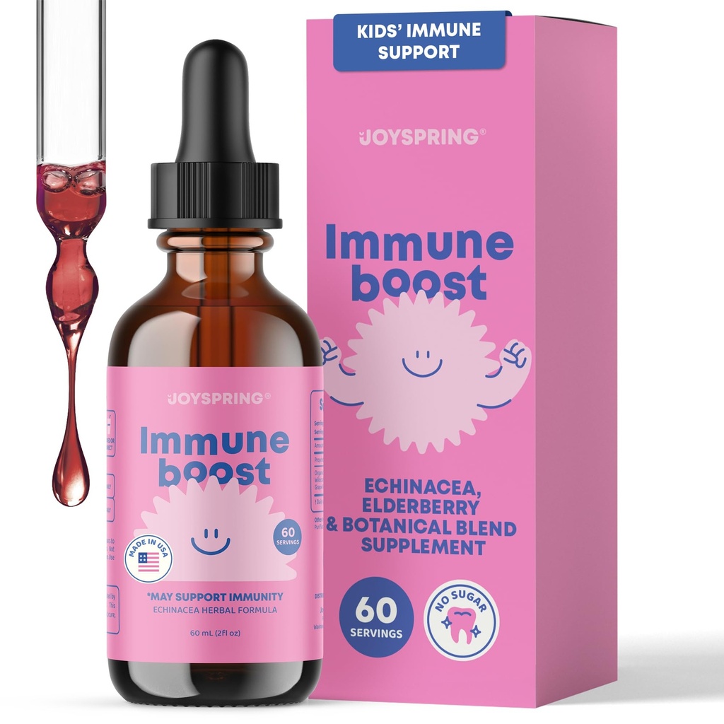 JoySpring Immune Drops - Kids Immune Support Liquid Supplement (2 fl oz) - Echinacea, Elderberry, Oregon Grape Root, Orange Peel, Vitamíny A, B6, C - Natural Support System for Children & Adults
