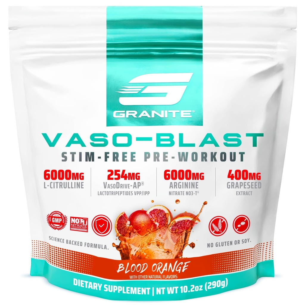 Granite Nutrition Vaso Blast Stim-free Pre Cvičenie - Non-Stim Oxid dusnatý Podpora pre čerpadlá, Physique, a svalovej kapacity - krv Orange (290g)