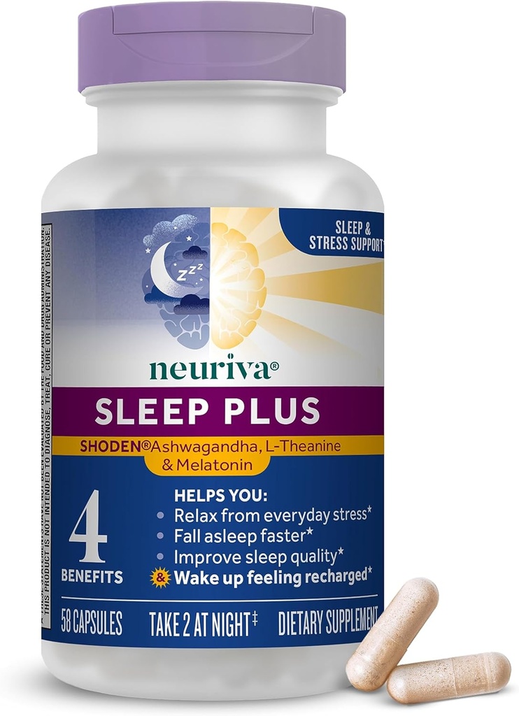 NEURIVA Sleep Plus s 4-v-1 Výhody - klinicky testované Ashwagandha, L-theanine & Melatonin - Znížiť stres, pád Asleep rýchlejšie, zlepšiť kvalitu spánku, prebudiť sa osviežiť*, 58ct Kapsule
