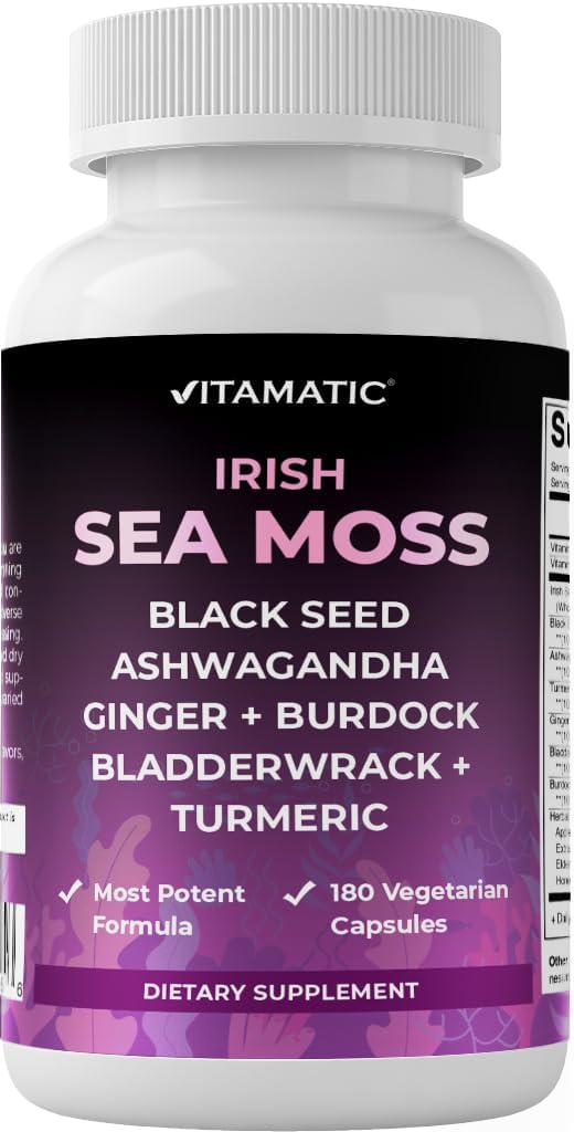 Vitamatic Sea Moss with Black Seed Oil, Ashwagandha, Turmeric, Bladderwrack & Burdock - 180 Vegan Capsules