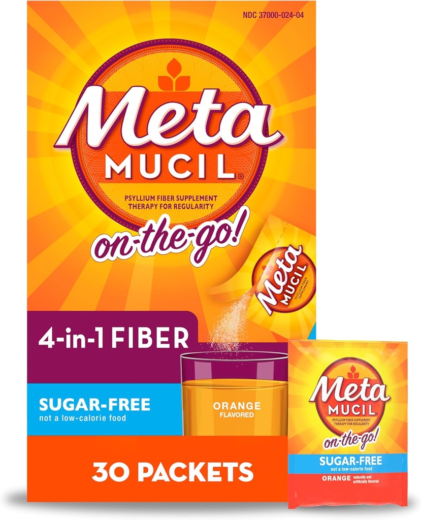 Metamucil On-The-Go, Psyllium Husk Fiber Supplement, 4-in-1 Fiber for Digestive Health, Sugar Free, Orange Flavor, 30 Počet x 2 Balíčky (60 Počet celkom)