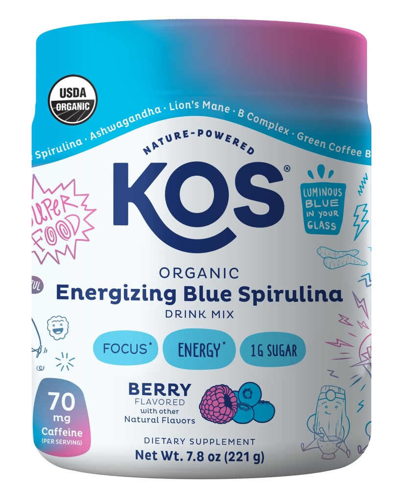 KOS Energizing Blue Spirulina Blend - USDA Certified Organic - B vitamíny, Ashwagandha, ženšen, adaptogény, Biotin - Vegan Pre Workout Powder - kofeín, Berry Ochutené, 28 Servings