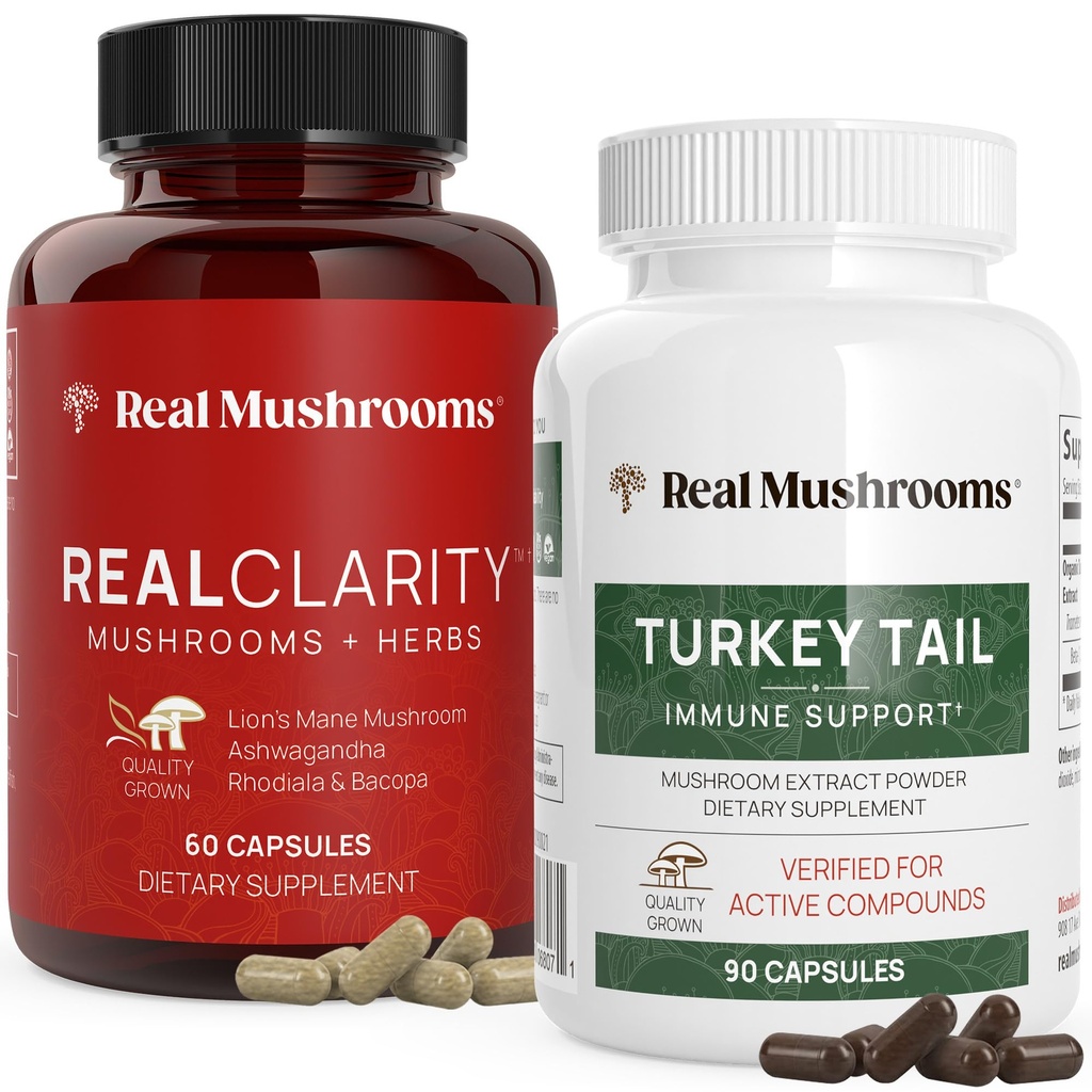 Real Huby RealClarita (60ct) a Turecko chvost (90ct) Kapsule Bundle - Huba Supplement for Mental Clarity, Focus & Immune Support - Vegan, Non-GMO, Overené úrovne Beta-Glucans