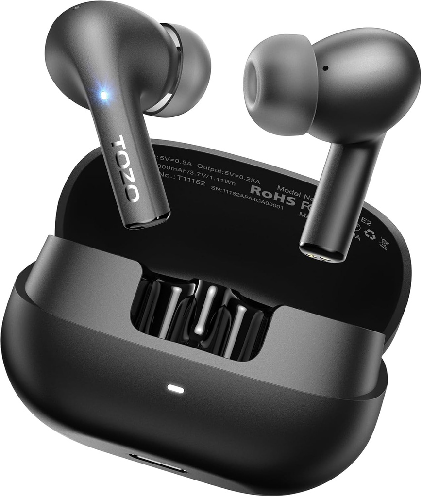 TOZO E2 Bezdrôtové Earbuds 10mm ovládače s výkonnou basy, Aplikácia Prispôsobiť 32 EQ, s 2 Mics AI volajte zrušenie hluku, 30H Playtime, Bluetooth 5.3 Ušné Budy, Komfort Fit in-Ear slúchadlá