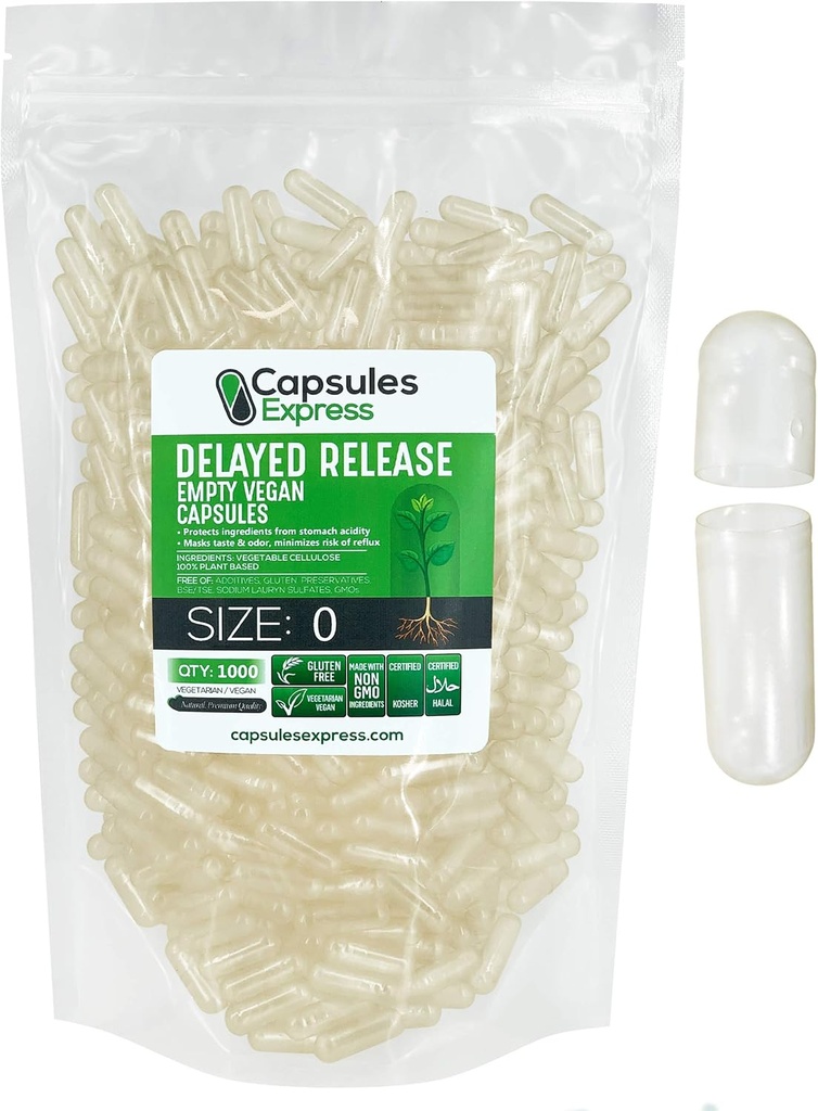 XPRS Nutra Delayed Release Size 0 Empty Capsules - 1000 Count Clear Empty Vegan Capsules - Vegetarian Pills - DIY Vegetable Capsule Filling - Fillable Veggie Gel Caps for Do-It-Yourself Supplements