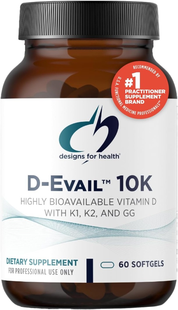 Designs for Health D-Evail 10K - 10,000 IU Vitamin D Supplement with Vitamin K (K1, K2 as MK-4) + GG - Bone, Cardiovascular + Immune Support - Improved Bioavailability Vitamin D3 (60 Softgels)