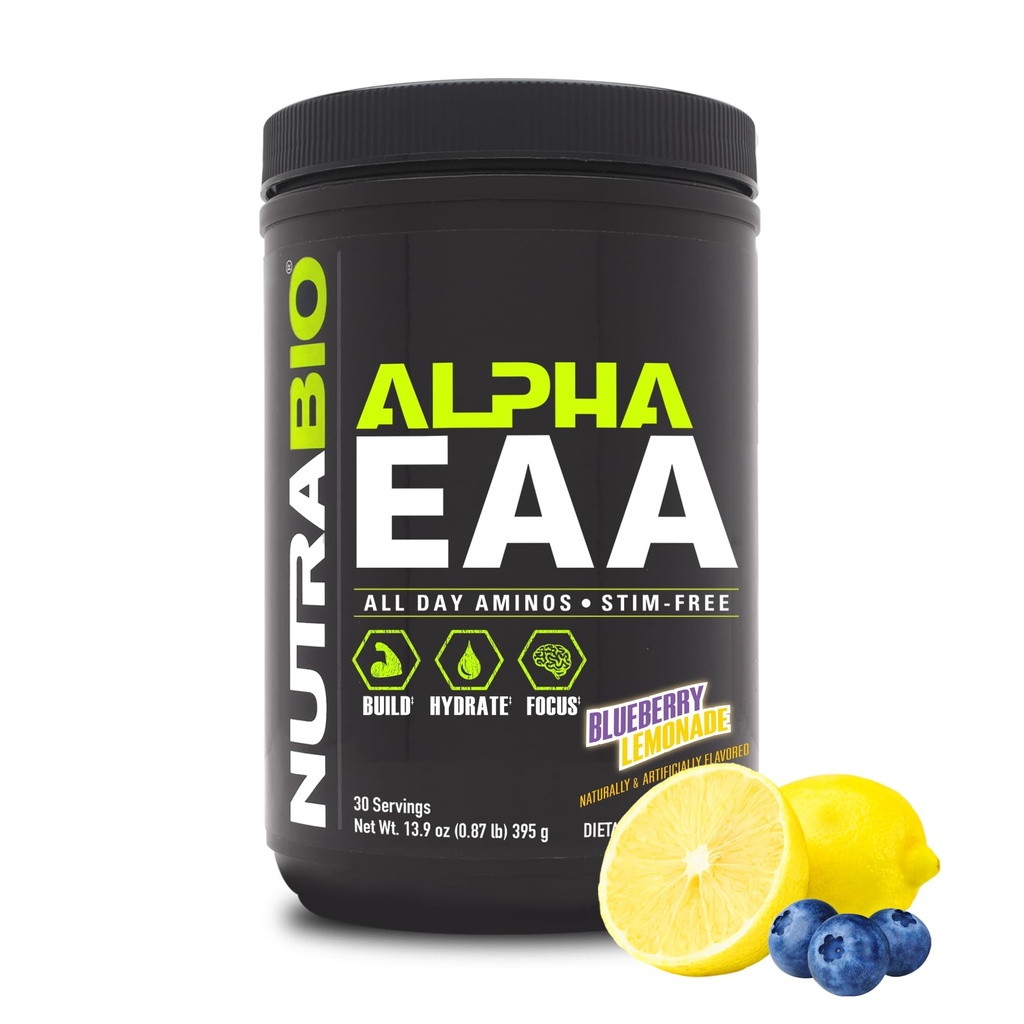 NutraBio Alpha EAA - All-Day Amino Acides for Muscle Growth and Hydration - Essential Amino Acides with Nootropics & Adaptogens- Full Spectrum EAA BCAA Powder - 30 Servings - Blueberry Lemonade
