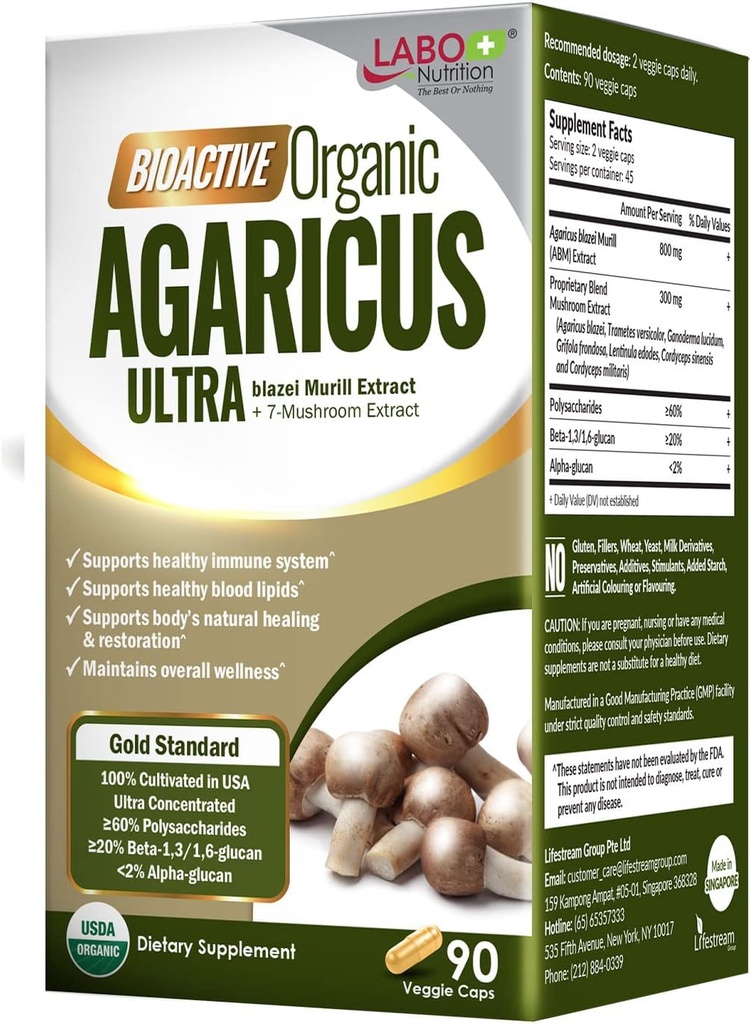 LABO Nutrition Bioactive Organic Agaricus Ultra - 7 Mushrom Extract Supplement Agaricus blazei Murill Cordyceps, Maitake, Turkey Tail, Lingzhi, Shiitake for Advanced Immune Support, USDA Organic